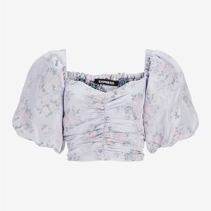 Floral Puff Sleeve Ruched Cropped Top